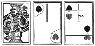 Fig. 55. Fig. 56. Fig. 57. — Three views of a mechanical changing card: at left, the front, a king with both pip corners cut away (Fig. 55); in the middle, the hinder card with a spade painted in the upper corner and a heart in the lower, and a slot between (Fig. 56); at right, the moveable slip in place, a heart on its upper part and a spade on its lower, worked by the pin a (Fig. 57).
