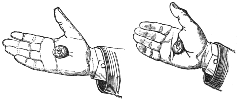 Fig. 59. Fig. 60. — At left, a coin laid flat in the centre of the open palm (Fig. 59). At right, the hand closed very slightly, the coin held by the contraction of the palm around its edges (Fig. 60).