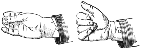 Fig. 61. Fig. 62. — Pass 1. At left, the coin held between the second and third fingers and the thumb (Fig. 61). At right, the thumb moved aside and the two fingers closed into the palm with the coin balanced on them (Fig. 62).