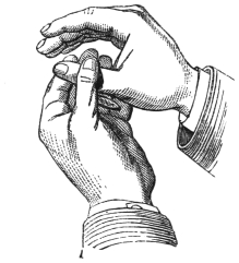 Fig. 67. — The right hand passing over the left, its thumb under and fingers over the coin, which is dropping quietly into the palm of the left hand.