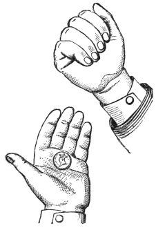 Fig. 68. — After Pass 4: the right hand, closed as if holding the coin, carried upwards and forwards, while the coin lies in the palm of the left hand below it.