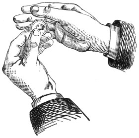 Fig. 69. — Pass 5: the coin held upright between the thumb and first and second fingers of the left hand, the right hand swooping down over it with its back to the spectators.