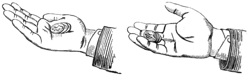 Fig. 70. Fig. 71. — Pass 6. At left, a stack of coins lying well back on the palm of the right hand, towards the wrist (Fig. 70). At right, the same coins caught in the hollow of the bent fingers (Fig. 71).