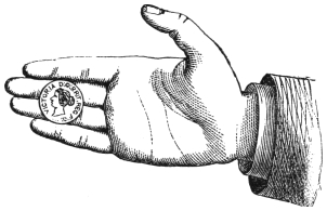Fig. 72. — Pass 7: the hand held completely open, palm towards the viewer, a large coin gripped flat across the fingers by the pressure of the first and fourth fingers against its opposite edges.