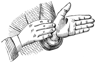 Fig. 75. — As the left hand opens palm upwards, the fingers of the right hand, which holds the coin, rub the ball of its wrist.