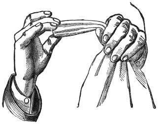 Fig. 76. — The handkerchief held out horizontally: one hand pinches a coin through the fabric at one end, while the other grips it further along, the loose corners hanging down.