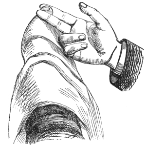 Fig. 77. — The right hand, palm upwards, taking the coin between its first and second fingers through the handkerchief, which hangs over the left hand beneath.