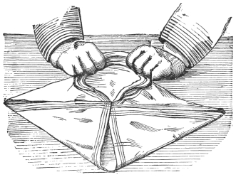 Fig. 81. — The handkerchief folded on the table with its four corners turned in to the centre, and the two hands taking hold of the two corners on the side nearest the performer.