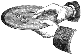 Fig. 98. — The vanishing salver held in the left hand while the fingers of the right press down on a coin on the centre portion, sliding it toward the outer rim. Two more coins lie beside it.