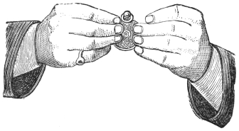Fig. 101. — A borrowed watch held up between two fingers of each hand on the back and the thumbs behind on the face, the dial turned toward the performer, ready to be "bent".