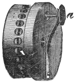 Fig. 105. — The repeating apparatus: a short perforated brass cylinder containing the bell, with the button a at the top, which sets the hammer striking while it is pressed.