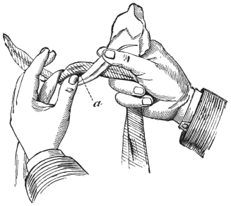 Fig. 107. — The handkerchief twisted into a rope and crossed for a knot, the right hand holding one end up, while the left thumb, at a, is slipped under the part of the tie that continues its own end.