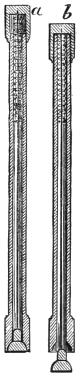 Fig. 111. — Two sections of the sweets wand. At a it is closed, the cap up and the plug seated in the lower end. At b the cap is pressed down and the plug pushed out, opening the tube.