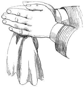 Fig. 114. — The two open hands joined palm to palm, fingers pointing forward, with the handkerchief hanging down between them from the hidden hollow egg.
