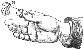 Fig. 116. — A pair of dice held at the tips of the first finger and thumb of the right hand, one above the other. The enlargement at a shows the dice and their points.