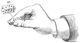 Fig. 117. — The pair of dice held side by side between the thumb and second finger, the forefinger bent over them. An enlargement above, lettered a, shows their points.
