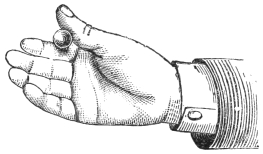 Fig. 119. — The first step of palming the ball: the right hand with fingers slightly bent, the ball held between the tips of the first finger and thumb.