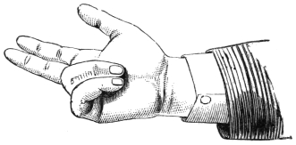Fig. 123. — The hand with the third and fourth fingers closed in upon the palmed ball, rolling it back to where the thumb can reach it.
