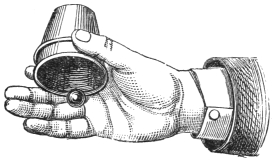 Fig. 124. — The right hand, spread nearly flat, raising a cup between the thumb and the base of the forefinger, which brings the palmed ball close to and just under the cup's edge.