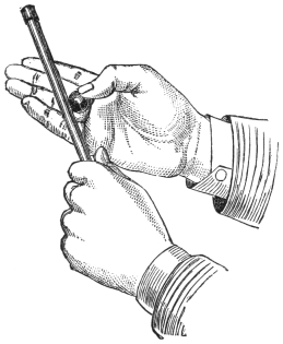 Fig. 126. — The wand held by its end in one hand while the other slides along it toward the far end, rolling the palmed ball into view at the fingertips.