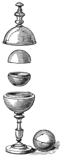 Fig. 130. — Morison's pill-box taken apart: the lid with its knob, the upper half shell, the lower half shell, and the box on its thin stem, with the true ball beside it.