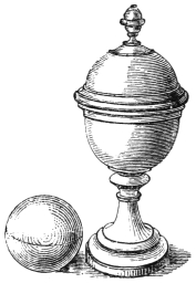 Fig. 131. — The box for the ball which changes to a rose: a cup on a turned stem with a domed lid and a stud on top, and beside it the large ball, nearly double the size of that in Morison's pill-box.
