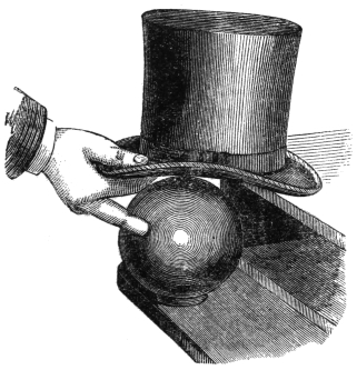 Fig. 135. — The hat, mouth downwards, is drawn back over the edge of the table while the performer's second finger slips into the hole of the cannon-ball, which rests on a ring on the servante below.
