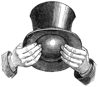 Fig. 136. — The hat held in both hands with its mouth towards the spectators; the extended finger-tips press against the cannon-ball inside and keep it from falling, so that it seems wedged tight.