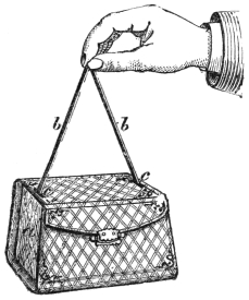 Fig. 141. — A magic reticule fully expanded, a leather-covered bag with a clasp, lifted by the ribbon b, whose ends pass through the holes c in its upper side.