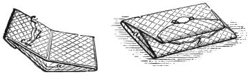 Fig. 144. Fig. 145. — Left, Fig. 144: the reticule with its sides pressed in, folded flat. Right, Fig. 145: the same folded again, little larger than a pocket-book.