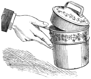 Fig. 151. — The saucepan lifted by its handle, the first and second fingers pressed against the loose lower covering d to keep it from falling off.