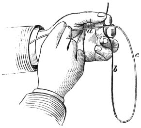 Fig. 152. — The cut string restored: the string drawn across the left hand as a, between the first and second fingers, with the third finger between the two parts, and hanging down in the loop b and c.