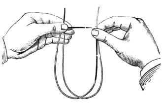 Fig. 153. — The string as it is offered to be cut: held up between the two hands, one short length stretched horizontally between them and the two long loops hanging below.