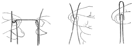 Fig. 154. Fig. 155. Fig. 156. — Three diagrams, the hands drawn in dotted outline. Left, Fig. 154: the string arranged for cutting, with the thumbs made transparent. Centre, Fig. 155: the crossing of the pieces hidden between finger and thumb. Right, Fig. 156: the string doubled, with the little loop drawn up above it.