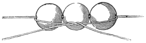 Fig. 157. — Grandmother's necklace: three wooden balls threaded on the two tapes, whose ends are crossed beneath the middle ball.