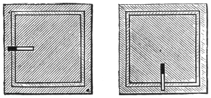 Fig. 172. Fig. 173. — Sections of the hinder end of a drawer-box with a loose wire bolt. Left, Fig. 172: upright, the bolt lying in its cavity in b. Right, Fig. 173: turned over, the bolt dropped partly into the hole in the outer case.