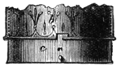 Fig. 184. — An enlarged view of the bayonet-catch: the lower edge of the cover b with its right-angled slit, and below it the small pin on c that rides up the slit and locks into its cross-arm.