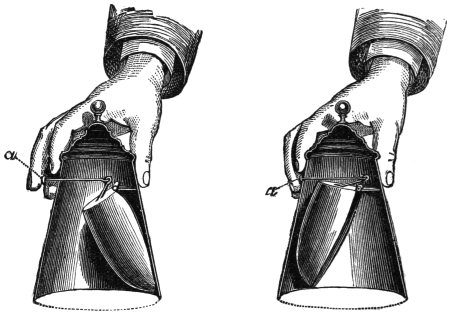 Fig. 188. Fig. 189. — A hand grips the cover from above with a finger at the button a, the cover cut away to show the spring scoop inside: on the left the scoop rests against the side, on the right it has swung out across the interior.