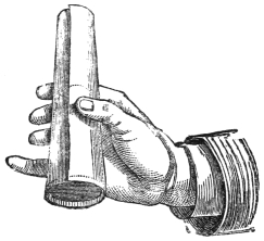 Fig. 196. — A hand lifts the paper tube with a gentle squeeze, carrying off inside it the hollow shell of the cone, whose base shows at the lower end of the tube.