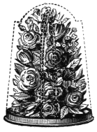 Fig. 197. — One of the little bouquets built on a wire arch rising from a flat saucer-like base, with the hollow shell of the cone drawn in dotted outline over it.