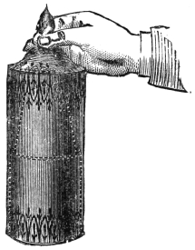 Fig. 200. — A hand lifts the cover by its knob, dotted lines showing the casing locked inside it by the bayonet catch.
