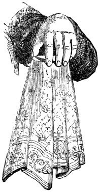 Fig. 202. — A hand held over the top of the doubled handkerchief, its fingers gripping through the cloth the hidden ring that keeps it spread out as though a glass were inside.