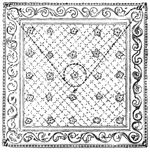 Fig. 203. — The doubled handkerchief laid flat, corners a and d at the top and b and c at the bottom; dotted lines run from a and d down to the point e, enclosing the triangle in which the ring, drawn dotted at the centre, is free to move.