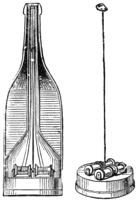 Fig. 207. Fig. 208. — On the left, a section of the ribbon bottle, showing the space for wine round its sides and the open passage up the middle with the reels at the bottom; on the right, the base or stopper with its bobbins and the upright wire ending in a small perforated plate.