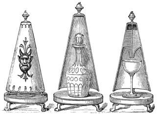 Fig. 209. — The three pyramids on their stands: on the left a closed cover with a mask ornament; in the middle one cut away over the decanter; on the right one cut away to show the divided reservoir in its top, tapering to a tube above a wine-glass.
