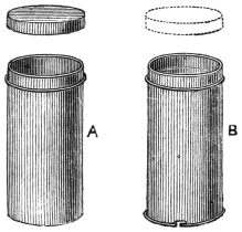 Fig. 211. — The two tin boxes: the plain box A with its lid, and beside it the box B, alike to look at, with the one lid drawn in dotted outline above it and a small notch for the bayonet catch in its lower edge.