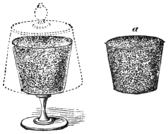 Fig. 215. — The bran glass with the brass cover in dotted outline over it, and beside it the tin shape a, coated with bran and open at the bottom, that sits in the glass to make it look full.