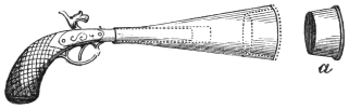 Fig. 217. — The pistol with its wide tapering tube, dotted lines showing the inner fittings, and beside it the tin cup a with its rim turned outwards, which fits into the mouth.