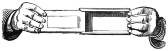 Fig. 219. — Two hands hold the domino-box turned towards the audience, the lid drawn out and the drawer hidden behind it, so that the box is seen to be empty.