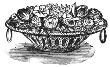 Fig. 247. — A round basket of flowers with ring handles, filled with roses and other blooms.
